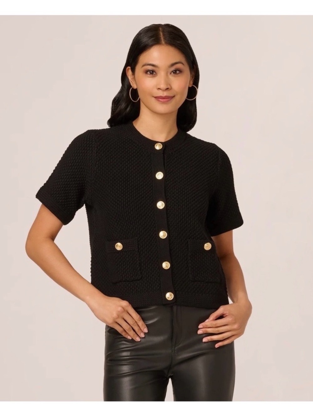 Adrianna Papell Black Short Sleeve 100% Cotton Cardigan with Gold Buttons